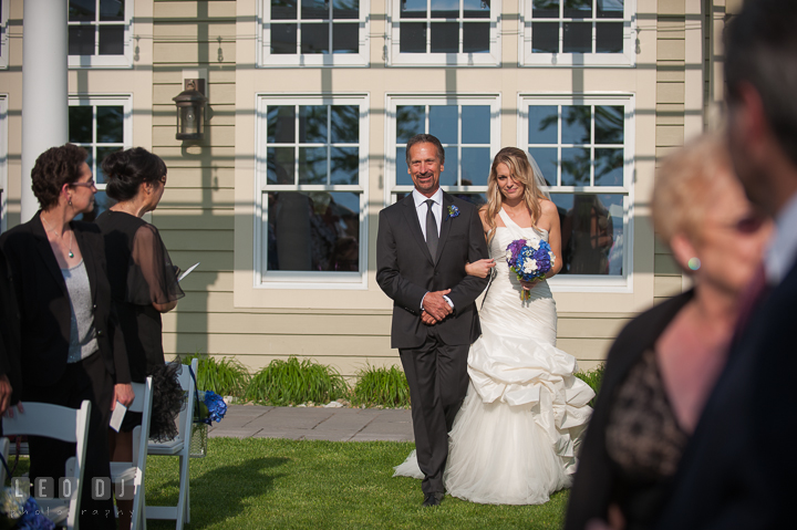 Father of the Bride escorting daughter walking down the isle. Kent Island Maryland Chesapeake Bay Beach Club wedding ceremony and getting ready photo, by wedding photographers of Leo Dj Photography. http://leodjphoto.com