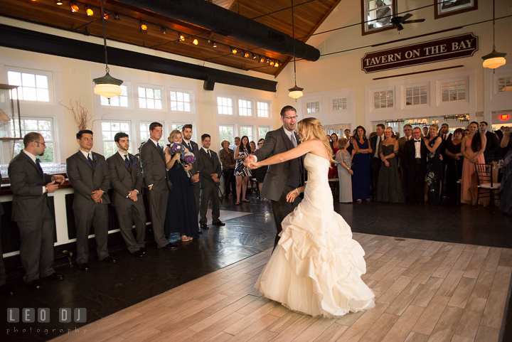 Bride and Groom first dance as husband and wife. Kent Island Maryland Chesapeake Bay Beach Club wedding reception party photo, by wedding photographers of Leo Dj Photography. http://leodjphoto.com