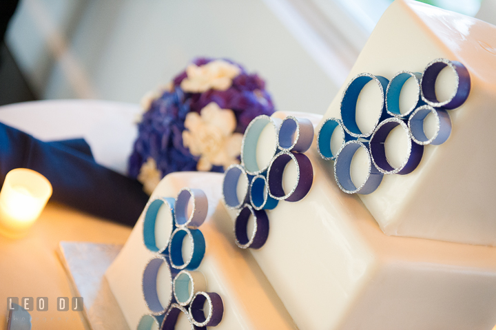 Decoration detail of wedding cake by Sugar Bakers. Kent Island Maryland Chesapeake Bay Beach Club wedding reception party photo, by wedding photographers of Leo Dj Photography. http://leodjphoto.com