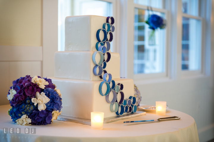 Three tier wedding cake by Sugar Bakers. Kent Island Maryland Chesapeake Bay Beach Club wedding reception party photo, by wedding photographers of Leo Dj Photography. http://leodjphoto.com