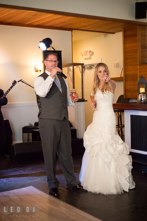 Groom delivering intro speech. Kent Island Maryland Chesapeake Bay Beach Club wedding reception party photo, by wedding photographers of Leo Dj Photography. http://leodjphoto.com