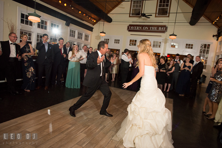 Father of Bride invites everyone to join Father daughter dance. Kent Island Maryland Chesapeake Bay Beach Club wedding reception party photo, by wedding photographers of Leo Dj Photography. http://leodjphoto.com