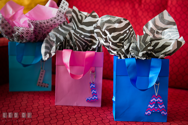 Gift bags from Bride for Matron of Honor and Bridesmaids. Getting ready wedding photos at Baltimore Marriott Waterfront by photographers of Leo Dj Photography. http://leodjphoto.com