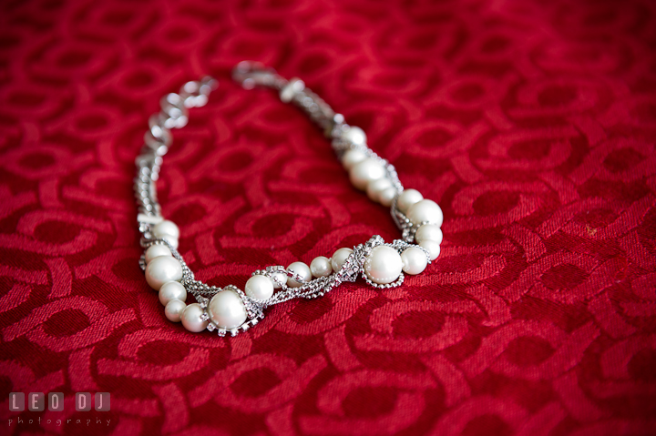 Pearl necklace for Bride. Getting ready wedding photos at Baltimore Marriott Waterfront by photographers of Leo Dj Photography. http://leodjphoto.com