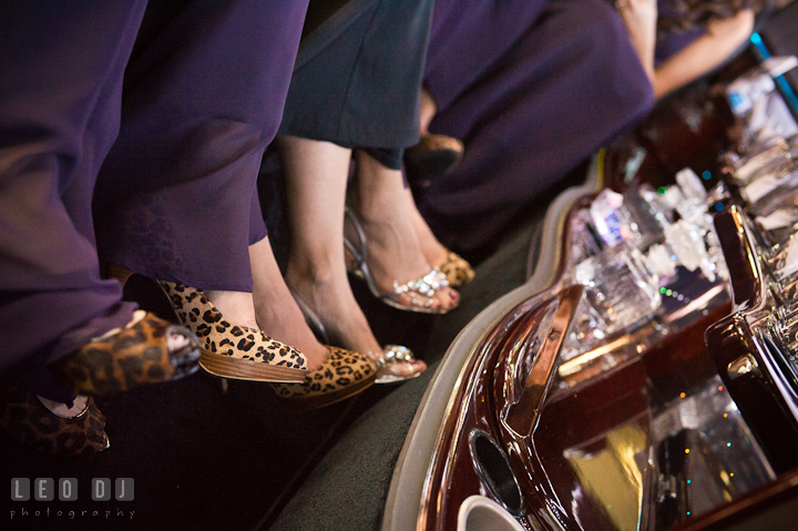 Leopard print shoes of Matron of Honor and Bridesmaids. Getting ready wedding photos at Baltimore Marriott Waterfront by photographers of Leo Dj Photography. http://leodjphoto.com