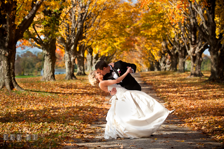 Bride and Groom doing the dip and kissing in between row of fall foliage colored trees. Getting ready wedding photos at Baltimore Marriott Waterfront by photographers of Leo Dj Photography. http://leodjphoto.com