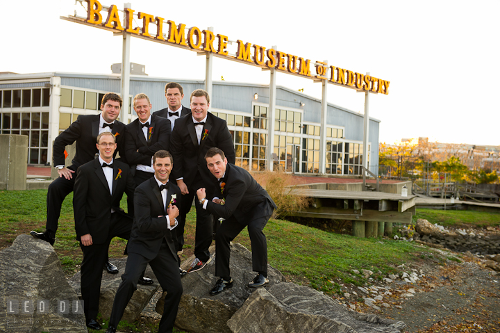 Groom's party posing. Baltimore Museum of Industry wedding photos by photographers of Leo Dj Photography. http://leodjphoto.com