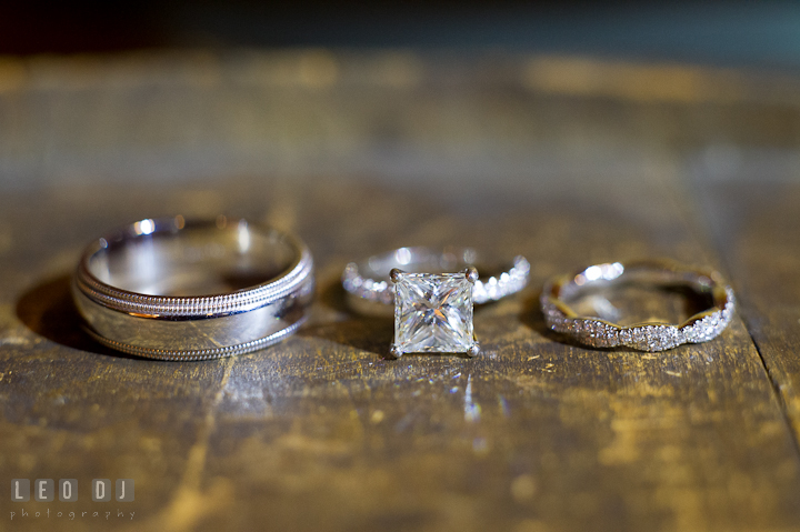 Close up shot of wedding band, engagement and wedding rings. Baltimore Museum of Industry wedding photos by photographers of Leo Dj Photography. http://leodjphoto.com