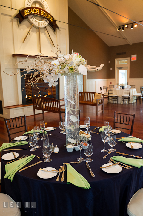 Table setup with tall centerpiece at the Beach House ballroom. Chesapeake Bay Beach Club wedding bridal testing photos by photographers of Leo Dj Photography. http://leodjphoto.com