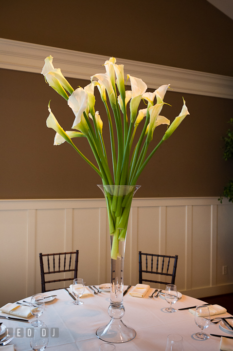Tall table centerpiece with calla lily by Intrige Design and Decor. Chesapeake Bay Beach Club wedding bridal testing photos by photographers of Leo Dj Photography. http://leodjphoto.com