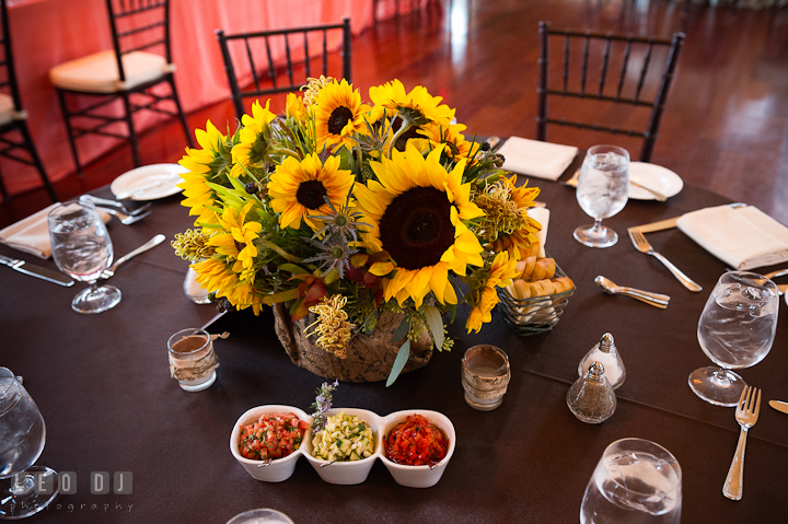 Sunflower floral arrangement table centerpiece by Intrige Design and Decor. Chesapeake Bay Beach Club wedding bridal testing photos by photographers of Leo Dj Photography. http://leodjphoto.com