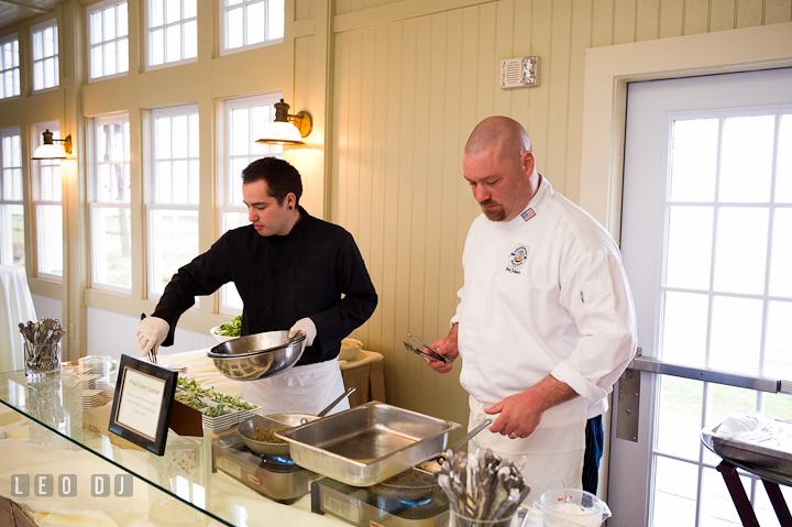 Chef and sous chef preparing oyster hor d'oeuvres for cocktail hour finger food. Chesapeake Bay Beach Club wedding bridal testing photos by photographers of Leo Dj Photography. http://leodjphoto.com