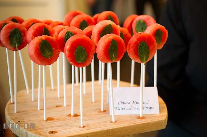 Chilled mint and watermellon lollipops hor d'oeuvres. Chesapeake Bay Beach Club wedding bridal testing photos by photographers of Leo Dj Photography. http://leodjphoto.com