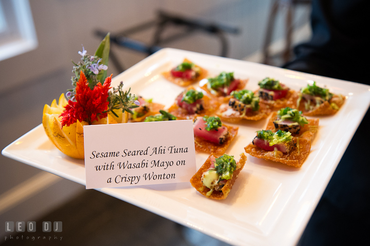 Sesame seared ahi tuna with wasabi mayo on crispy wonton. Chesapeake Bay Beach Club wedding bridal testing photos by photographers of Leo Dj Photography. http://leodjphoto.com