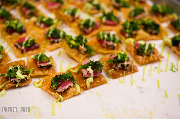 Rows of delicious finger food being prepped in the kitchen. Chesapeake Bay Beach Club wedding bridal testing photos by photographers of Leo Dj Photography. http://leodjphoto.com