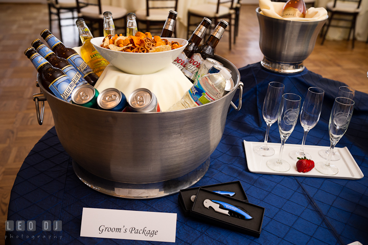 Beer, trail mix of mini pretzels and chips for Groom's package including bottle opener. Chesapeake Bay Beach Club wedding bridal testing photos by photographers of Leo Dj Photography. http://leodjphoto.com