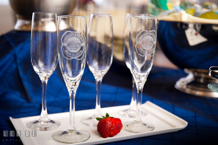 Champange glasses with logo. Chesapeake Bay Beach Club wedding bridal testing photos by photographers of Leo Dj Photography. http://leodjphoto.com