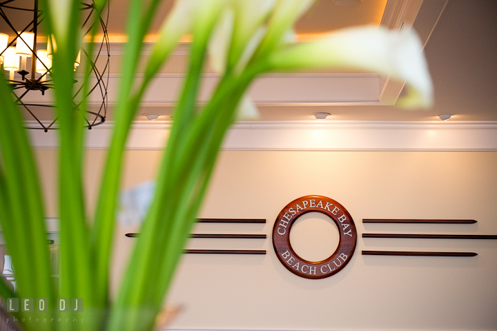 Wooden Chesapeake Bay Beach Club logo decor at Sunset Ballroom. Chesapeake Bay Beach Club wedding bridal testing photos by photographers of Leo Dj Photography. http://leodjphoto.com