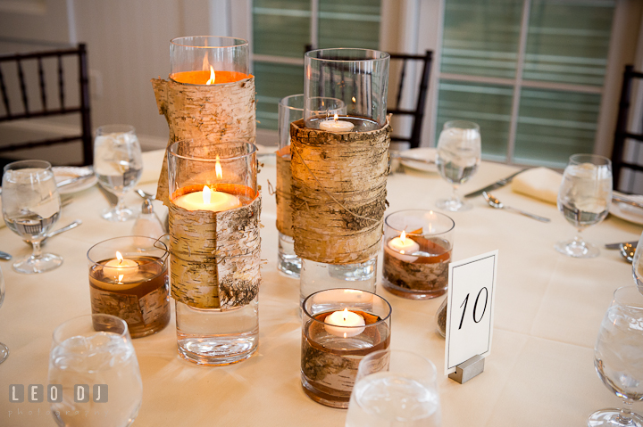 Glass candle holders wrapped with birch tree barks by Intrige Design and Decor. Chesapeake Bay Beach Club wedding bridal testing photos by photographers of Leo Dj Photography. http://leodjphoto.com