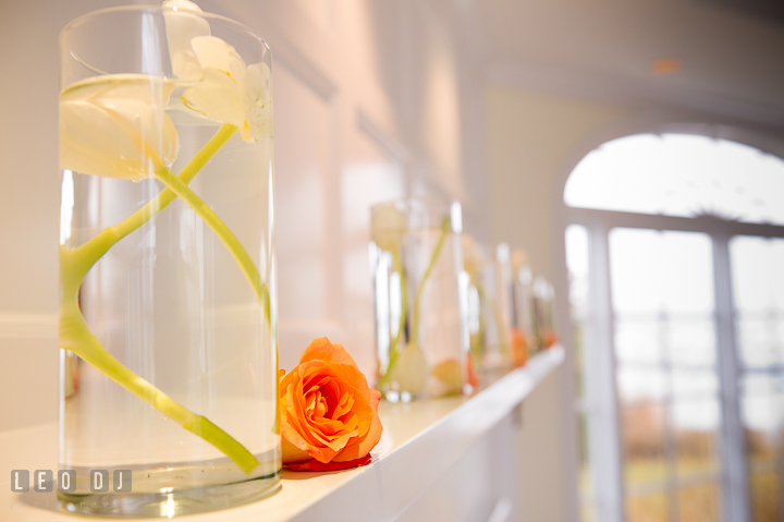 White tulips and orange roses decoration by Intrige Design and Decor. Chesapeake Bay Beach Club wedding bridal testing photos by photographers of Leo Dj Photography. http://leodjphoto.com