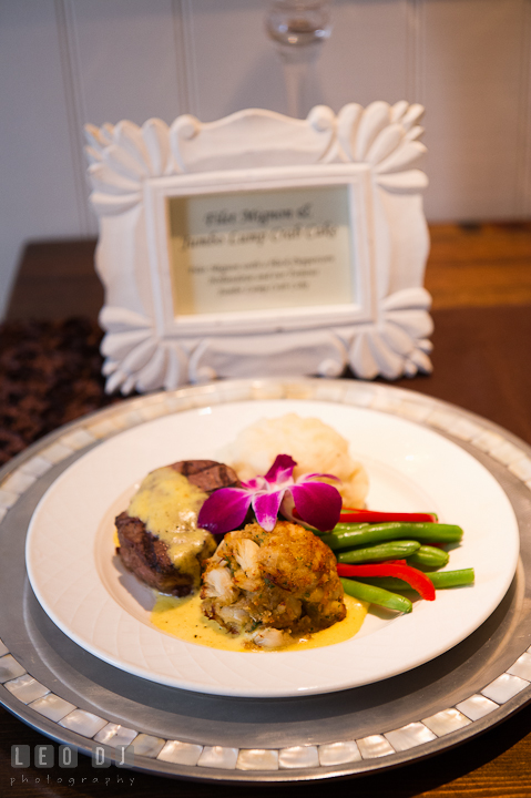 Crab cake, beef steak, mashed potato, red bell pepper and green beans dinner. Chesapeake Bay Beach Club wedding bridal testing photos by photographers of Leo Dj Photography. http://leodjphoto.com