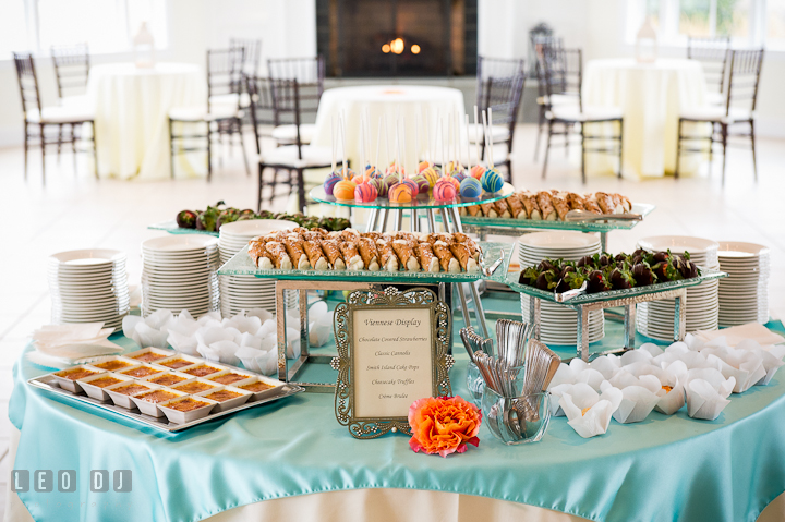 Table with variety of desert including créme brulee, cheesecake truffles, and classic cannoli. Chesapeake Bay Beach Club wedding bridal testing photos by photographers of Leo Dj Photography. http://leodjphoto.com