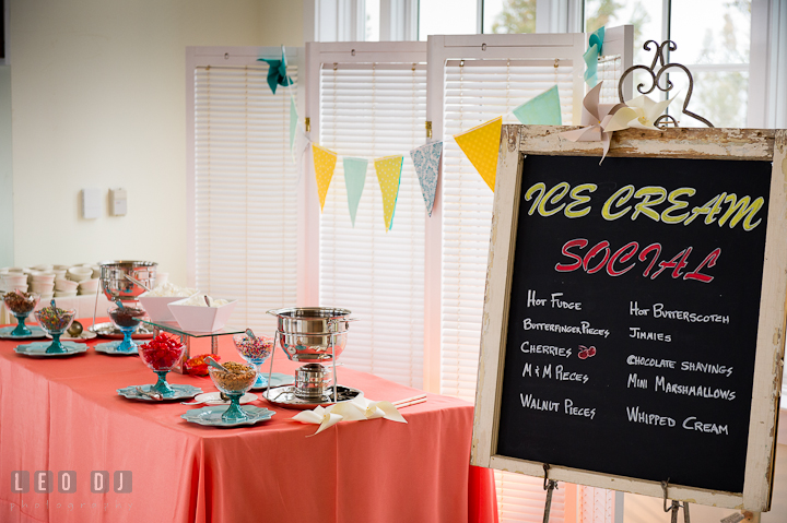 Ice cream table with various toppings with hot fudge and hot butterscotch. Chesapeake Bay Beach Club wedding bridal testing photos by photographers of Leo Dj Photography. http://leodjphoto.com