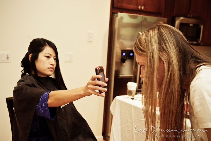 Bride showing iphone to make up artist. Baywood Clubhouse at Baywood Greens Wedding, St. Christophers Church Wedding, Kent Island, Eastern Shore Maryland
