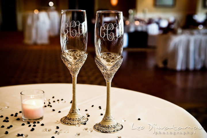 Custom engraved champagne glasses. Baywood Clubhouse at Baywood Greens Wedding, St. Christophers Church Wedding, Kent Island, Eastern Shore Maryland
