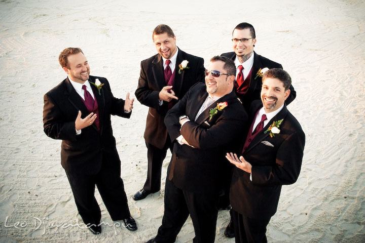 Groom, best man and groomsmen posing and laughing. Baywood Clubhouse at Baywood Greens Wedding, St. Christophers Church Wedding, Kent Island, Eastern Shore Maryland