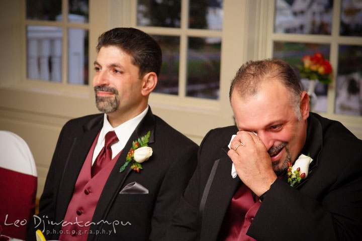 Best man emotional listening to groom's speech. Baywood Clubhouse at Baywood Greens Wedding, St. Christophers Church Wedding, Kent Island, Eastern Shore Maryland