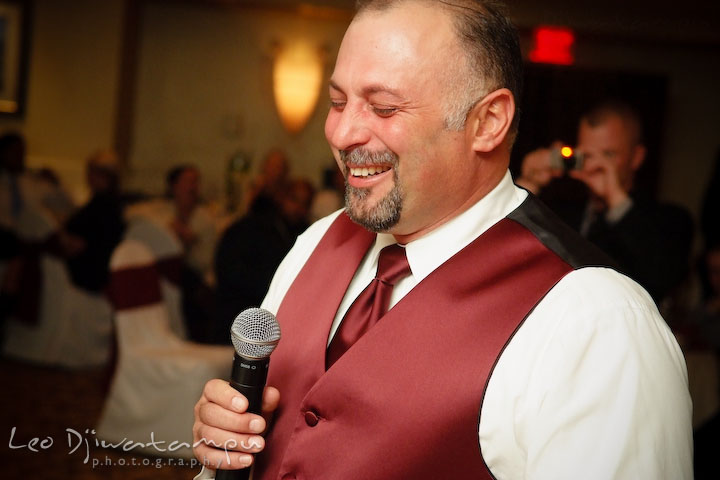 Best man delivering speech and smiling. Baywood Clubhouse at Baywood Greens Wedding, St. Christophers Church Wedding, Kent Island, Eastern Shore Maryland