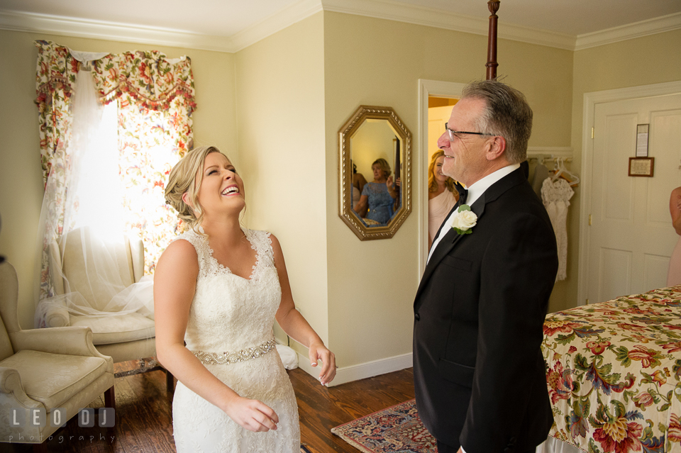 Kent Manor Inn bride laughing during first look with Father photo by Leo Dj Photography