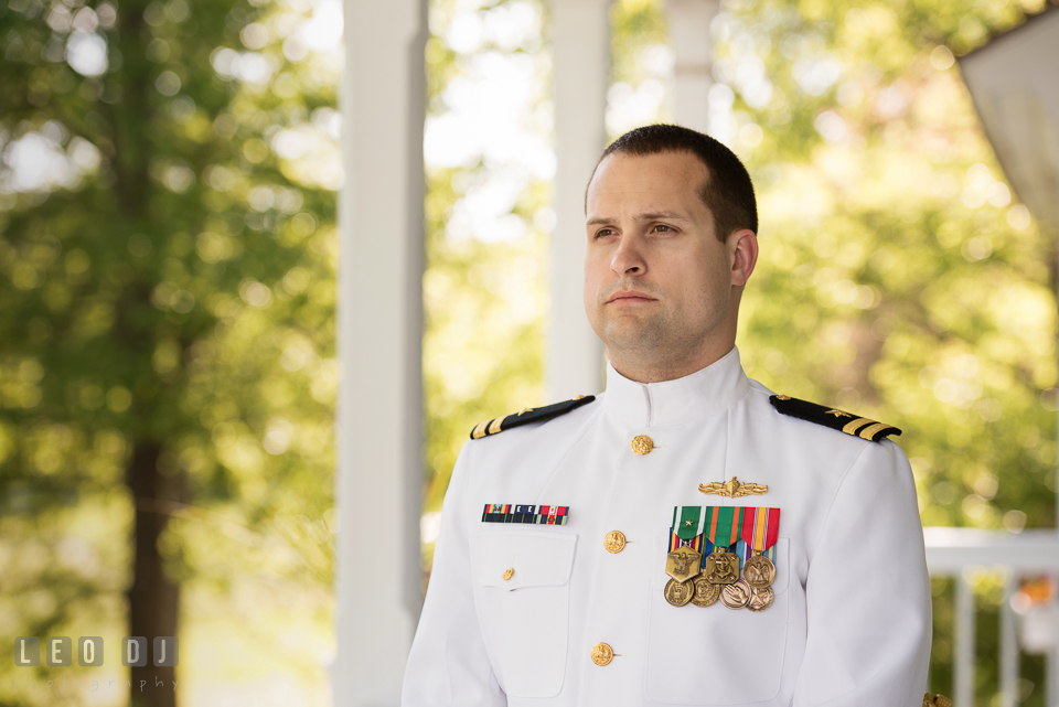 Kent Manor Inn groom in Navy uniform waiting for Bride for first look photo by Leo Dj Photography