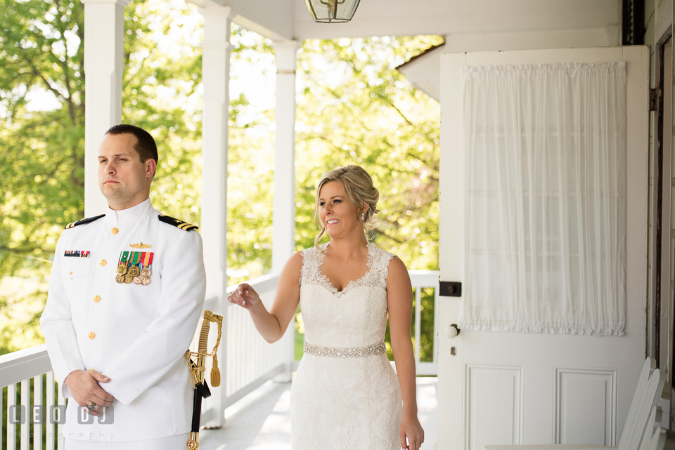 Kent Island Maryland wedding bride walking to groom first look photo by Leo Dj Photography