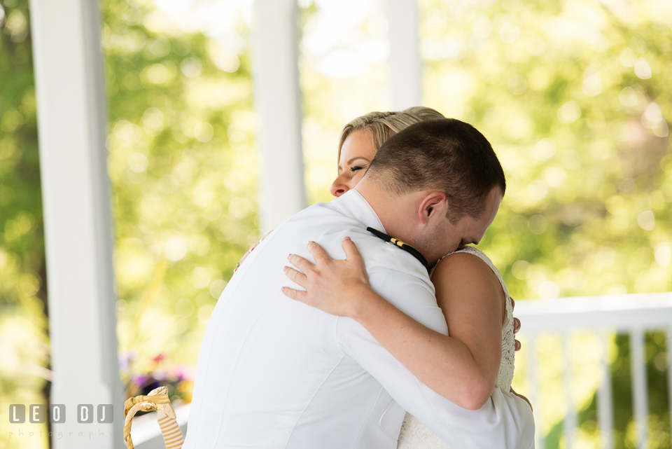 Kent Island Maryland wedding bride and groom hugging during first look photo by Leo Dj Photography