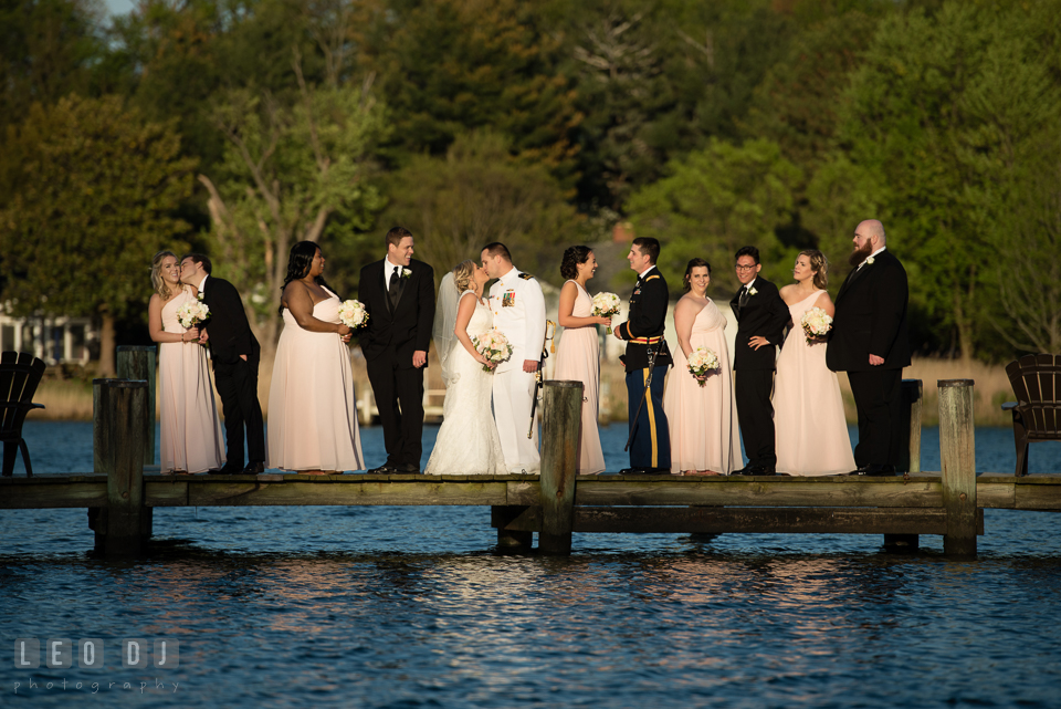 Kent Manor Inn bride and groom with bridesmaids and groomsman on the dock over the water photo by Leo Dj Photography