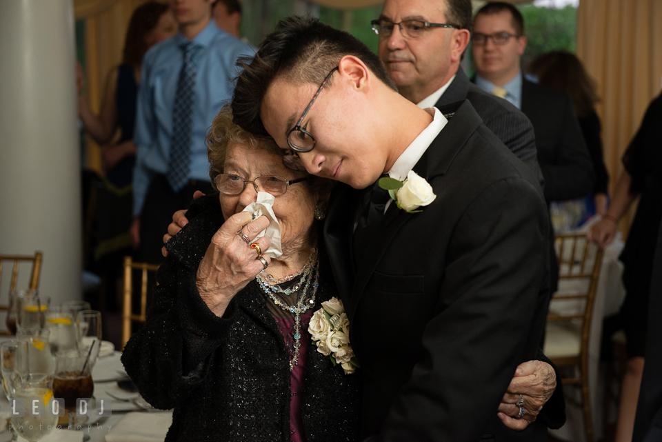 Eastern Shore Maryland grandmother crying seeing bride and groom first dance at wedding reception photo by Leo Dj Photography