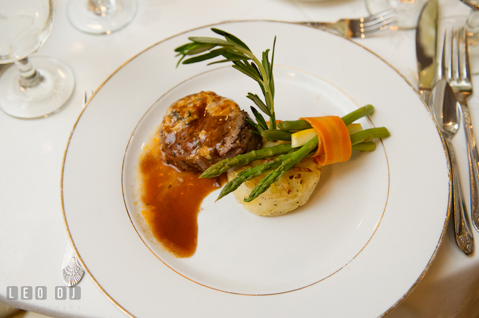 Kent Manor Inn catering delicious steak and crab cake entree wedding dinner menu photo by Leo Dj Photography