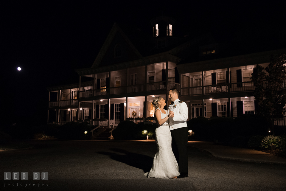 Kent Manor Inn evening shot of Bride and Groom in front of the building photo by Leo Dj Photography