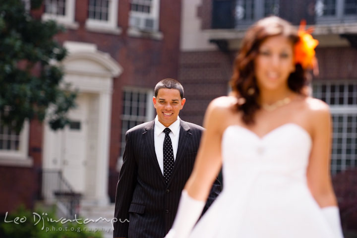 Groom approaching clueless bride during first glance. Wedding bridal portrait photo workshop with Cliff Mautner. Images by Leo Dj Photography