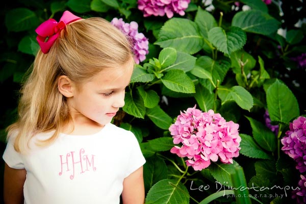 girl looking at hydrangea flower. Children family reunion birthday photography Tilghman Island Annapolis Kent Island Eastern Shore MD