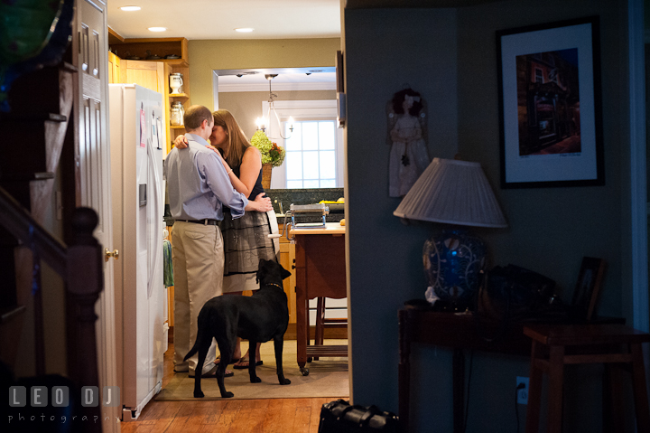 Engaged couple cuddling in the kitchen. Dog looking at them. Engagement photo session at town home near Federal Hill Baltimore Maryland by wedding photographers of Leo Dj Photography (http://leodjphoto.com)