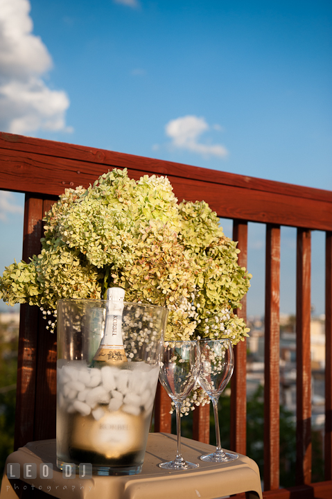 Flower bouquet, champagne, and glasses for celebration at rooftop deck. Engagement photo session at town home near Federal Hill Baltimore Maryland by wedding photographers of Leo Dj Photography (http://leodjphoto.com)