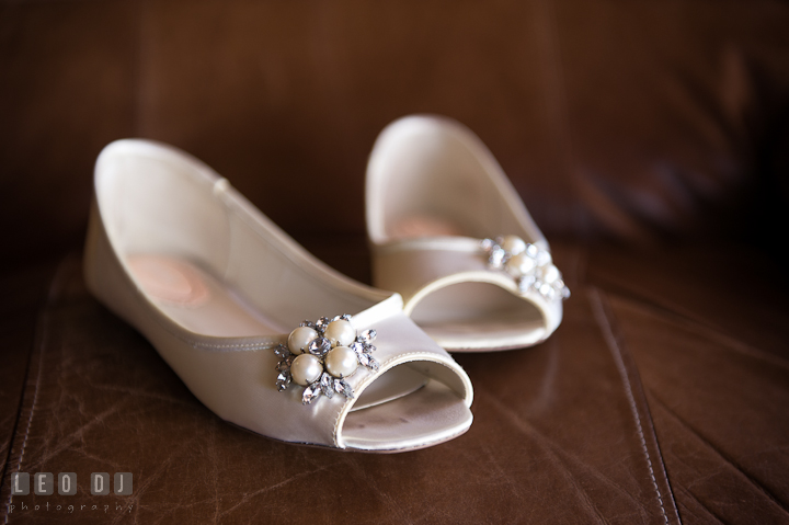 Bride's wedding shoes. Getting ready and ceremony wedding photos at private estate at Preston, Easton, Eastern Shore, Maryland by photographers of Leo Dj Photography. http://leodjphoto.com