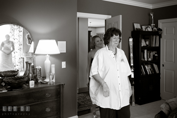 Mother of Bride emotional seeing her daughter in wedding dress. Getting ready and ceremony wedding photos at private estate at Preston, Easton, Eastern Shore, Maryland by photographers of Leo Dj Photography. http://leodjphoto.com