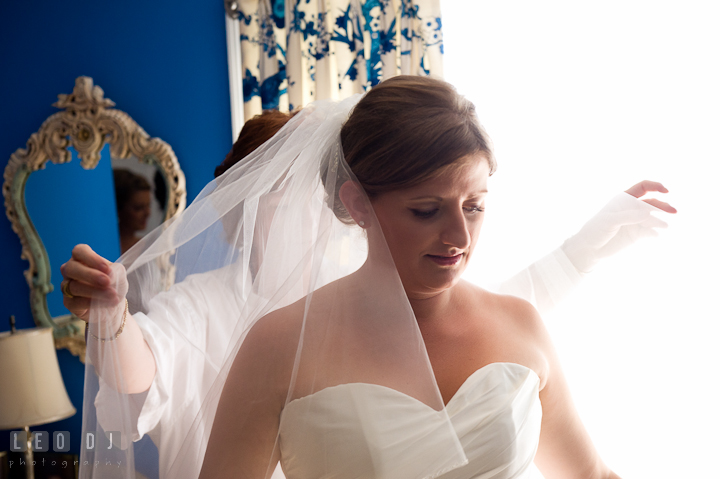 Mother of Bride lift up daughter's veil. Getting ready and ceremony wedding photos at private estate at Preston, Easton, Eastern Shore, Maryland by photographers of Leo Dj Photography. http://leodjphoto.com