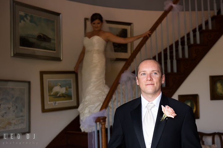 Bride coming down the stairs for first glance. Getting ready and ceremony wedding photos at private estate at Preston, Easton, Eastern Shore, Maryland by photographers of Leo Dj Photography. http://leodjphoto.com