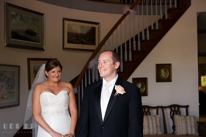 Groom sensed that Bride is near during first glance. Getting ready and ceremony wedding photos at private estate at Preston, Easton, Eastern Shore, Maryland by photographers of Leo Dj Photography. http://leodjphoto.com