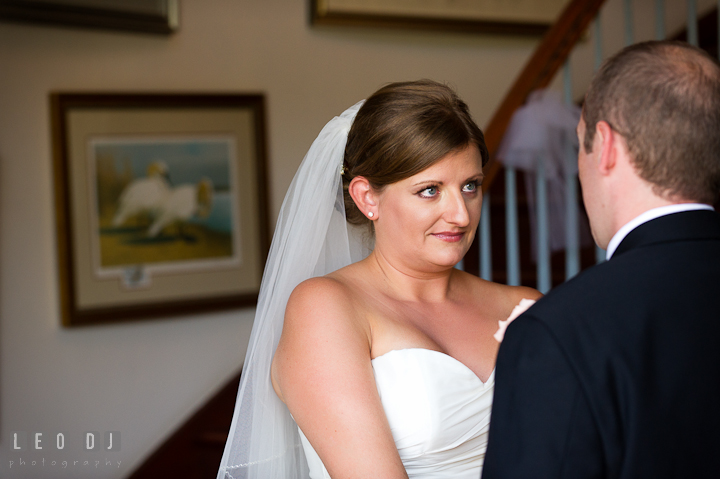 Bride teary eyed seeing Groom the first time. Getting ready and ceremony wedding photos at private estate at Preston, Easton, Eastern Shore, Maryland by photographers of Leo Dj Photography. http://leodjphoto.com